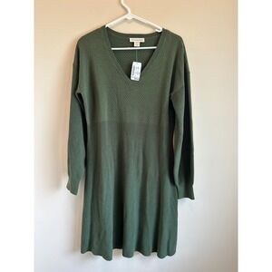 New Christopher Banks Olive Green VNeck Cotton Knit Sweater Dress Womens Medium